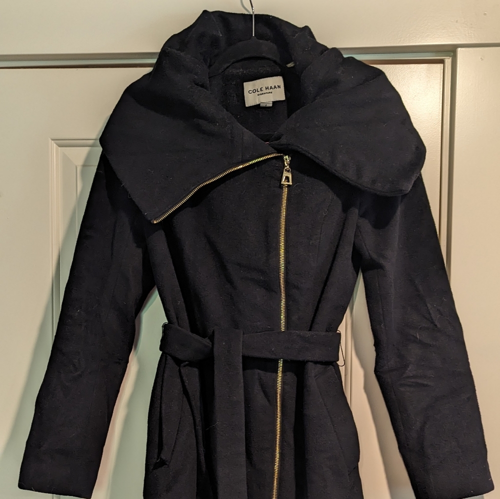 Cole Haan Signature Wool Blend Shawl Collar Belted Coat - Black - Size 4